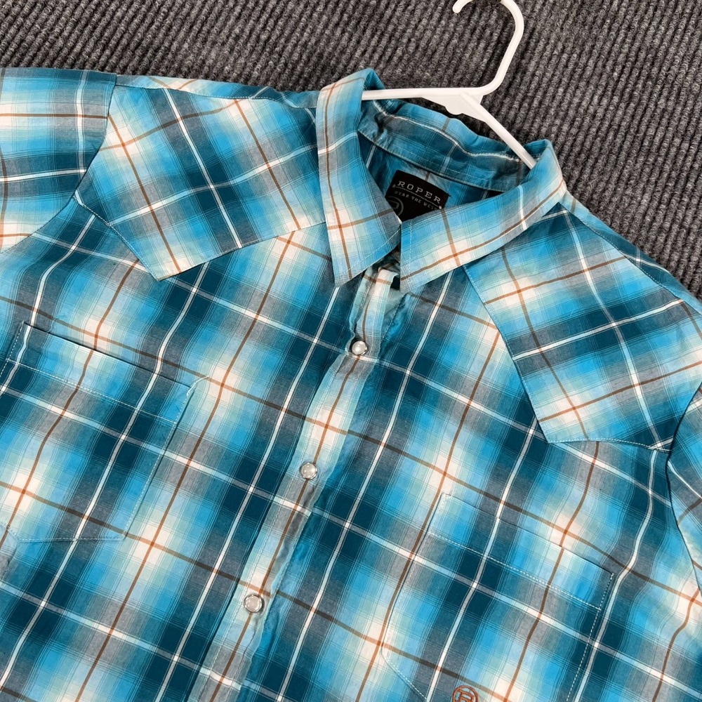 Roper Shirt Womens 3X Blue Plaid Short Sleeve Pearl Snap Rodeo Western Ranch